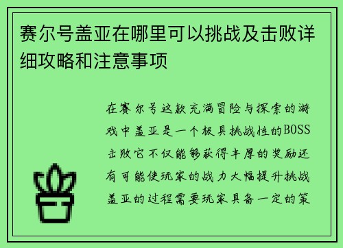 赛尔号盖亚在哪里可以挑战及击败详细攻略和注意事项